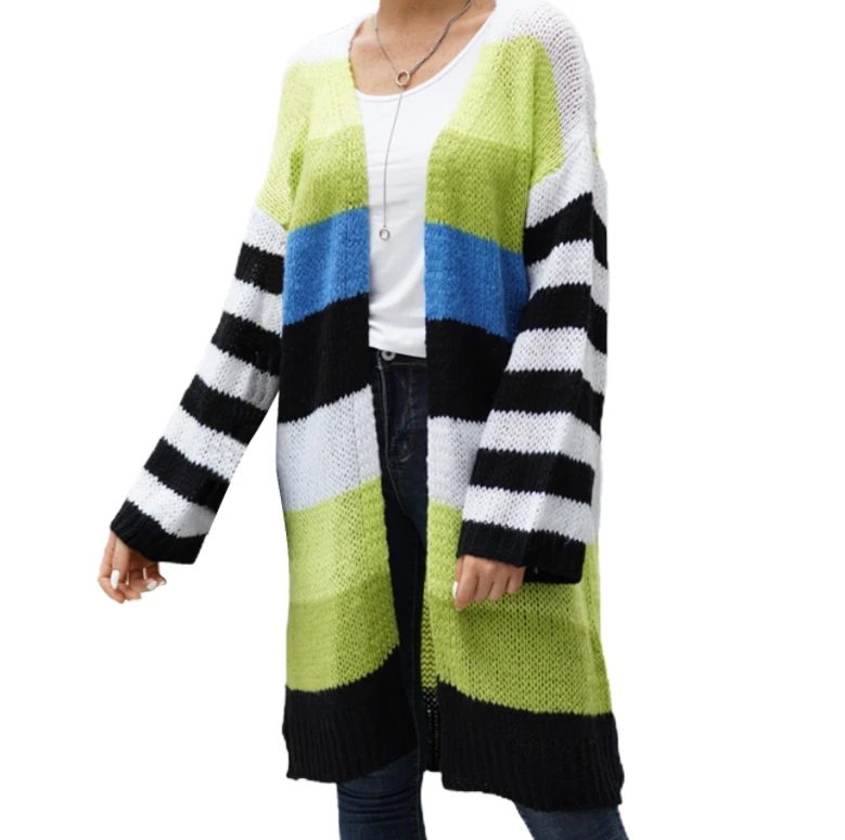 

Women Loose Style Knitted Cardigan Green Stripe Pattern Long Sleeve Coat Sweater