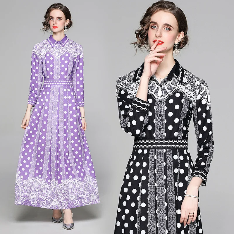 

High Quality Woman Elegant Vintage Maix Dress Polka Dot Lace Shirt Collar Long Sleeve Floor-length Autumn Robe Longue S68962