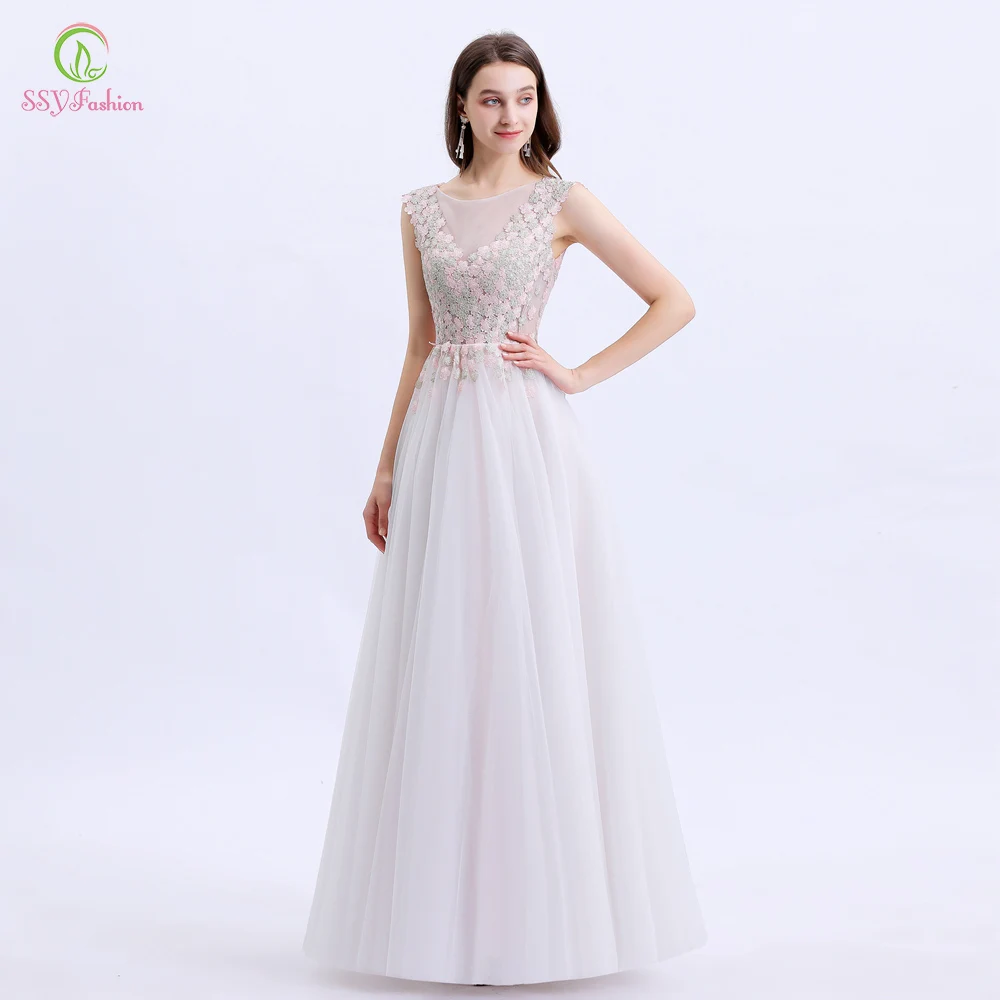 

Женское вечернее платье до пола SSYFashion, светло-розовое платье с кружевной вышивкой и открытой спиной, бальное платье для вечеривечерние