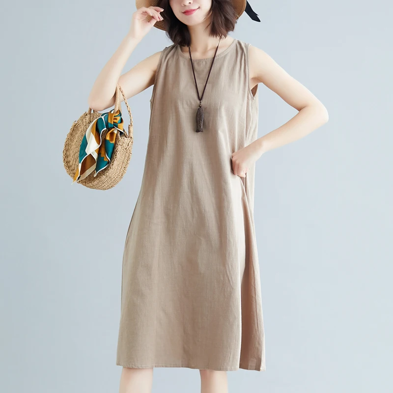

#3230 Summer Tank Top Dress Women Sexy Cotton And Linen Solid Color A Line Dresses Female Sleeveless Loose O Neck Blue Red Khaki
