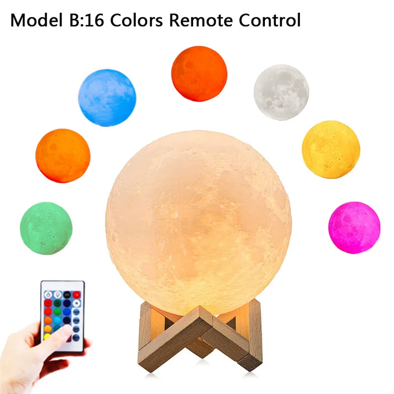 16 Color Remote Лампа с 3D принтом Луны, перезаряжаемая USB Luna, 16 цветов, Ночной светильник, светильник для туалета, ночник с регулировкой яркости, декоративная лампа - Испускаемый цвет: 16 Color Remote