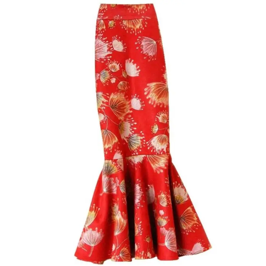 

Autumn winter vintage suede printed mermaid skirt women high waist package hip trumped skirt