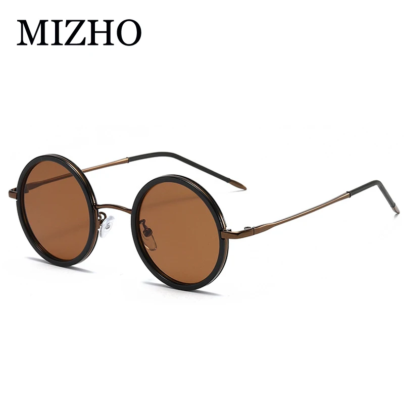 Фото Винтажные мужские прозрачные солнцезащитные очки MIZHO, женские солнцезащитные очки в стиле ретро-панк, круглая металлическая оправа, коричневые линзы, модные очки в стиле хип-хоп №1