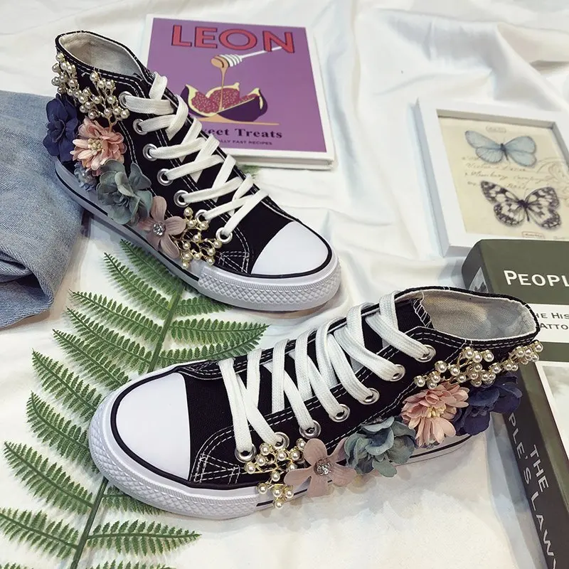 Summer High Top Women Sneakers Wedges Canvas Shoes Fashion Casual Shoes Woman Handmade Custom Pearl Flowers White Black Flats