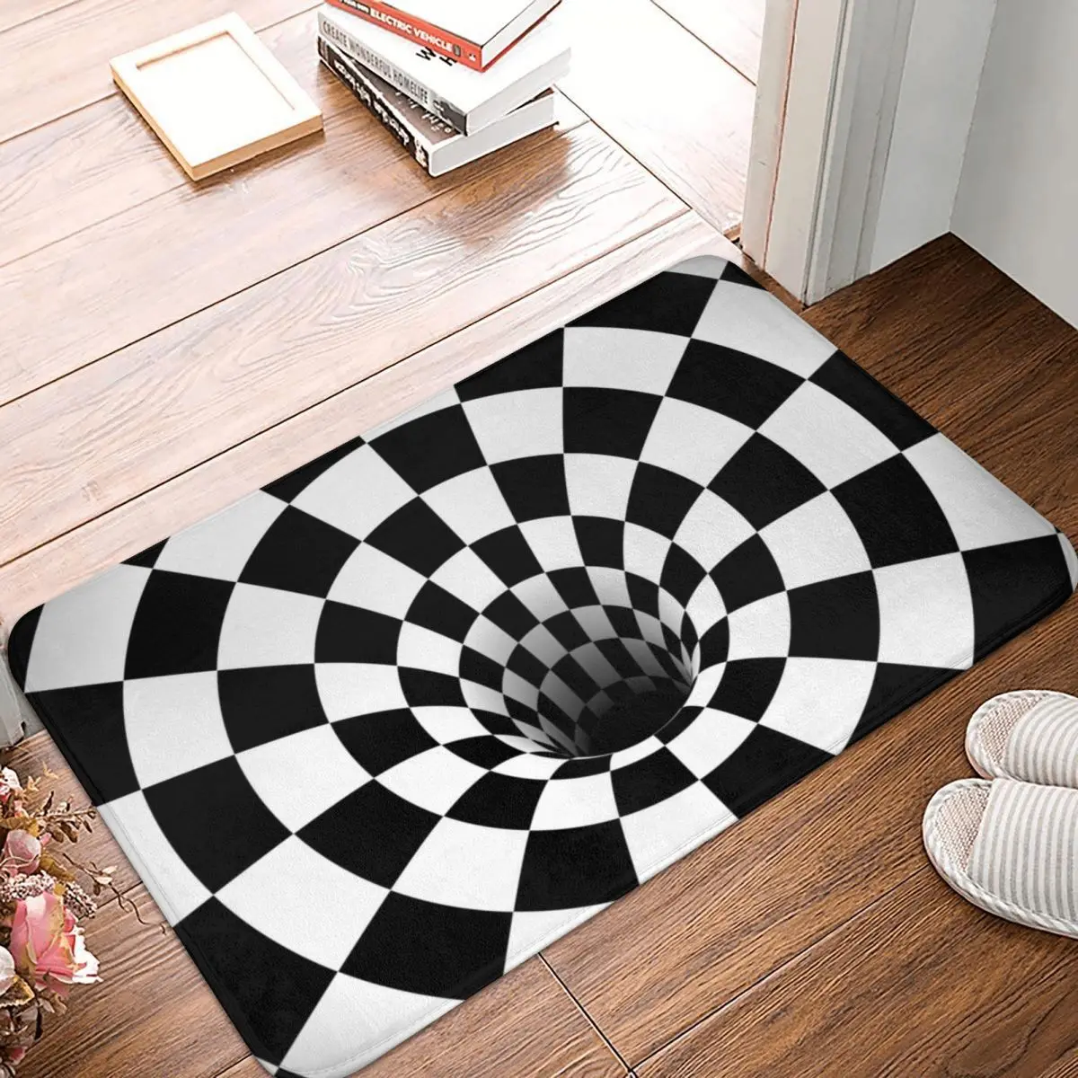 Придверный коврик в шахматную клетку с черными отверстиями оптической иллюзией