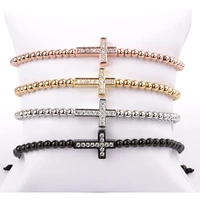 fashion classic design small stainless steel beads cz cross charm braided adjustable bracelet