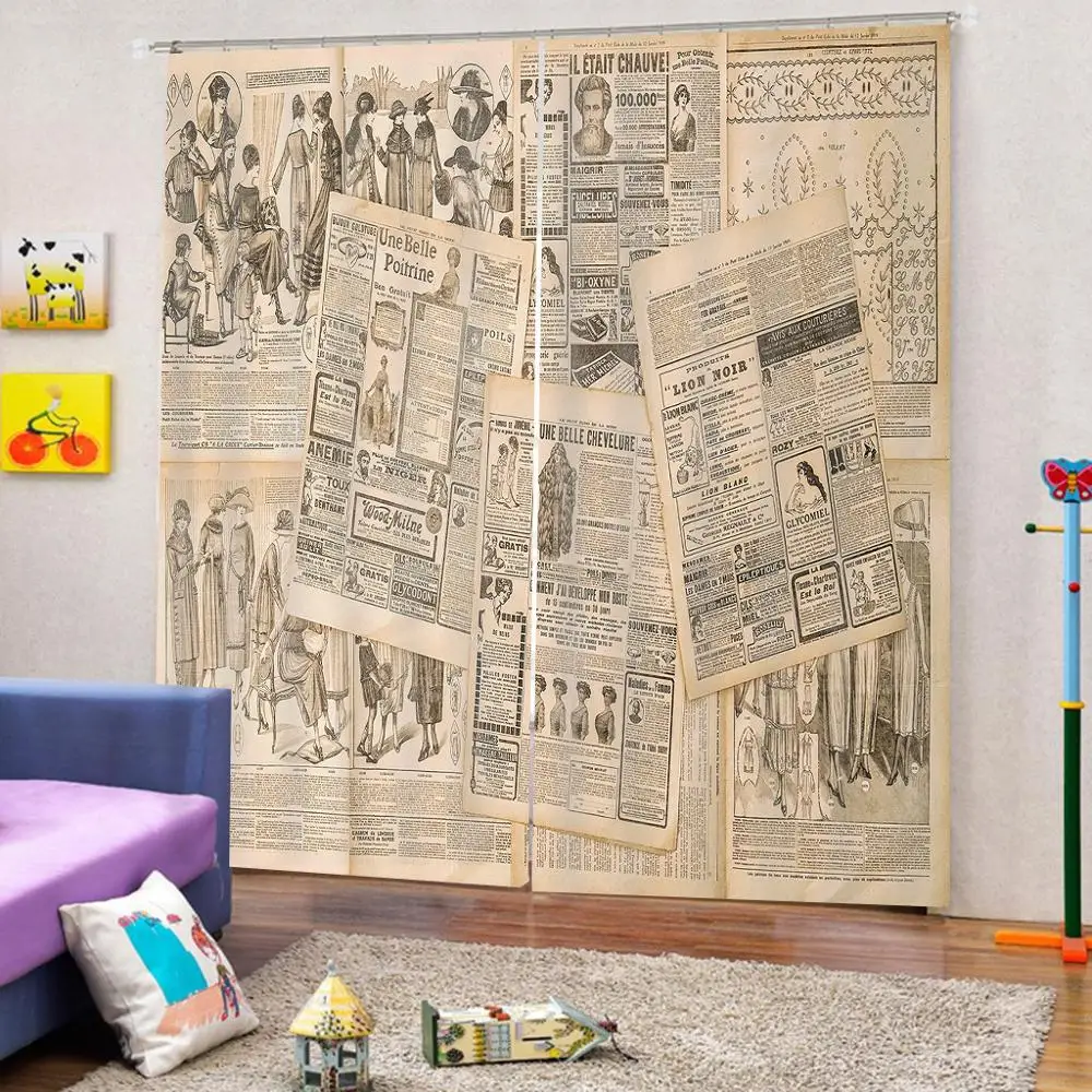Затемняющие шторы для окон в стиле ретро газет Роскошные 3D набор спальни