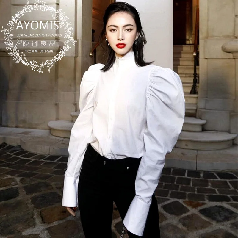 Celebrity Women Palace Style White Joint Ruffled  Stand Collar Puff Sleeve Shirt Harajuku White Women Blouse