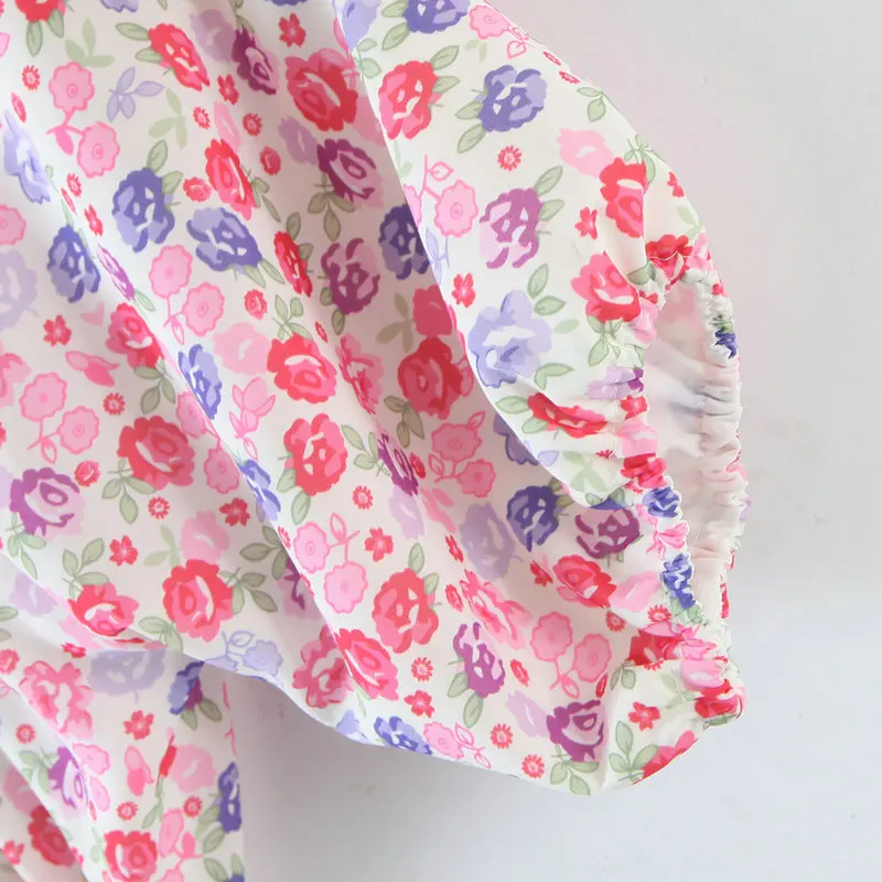 

Summer Women Red Flower Chiffon Straight Dresses Backless Lace Up Collar Short Sleeve Knee Length One Piece Fashion Robe Holiday