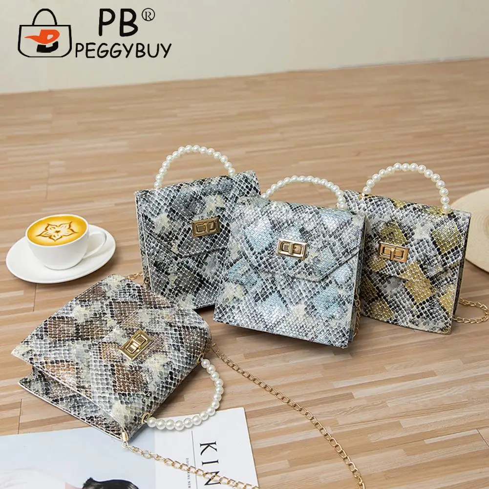 

Portable Women PU Leather Shoulder Crossbody Bag Vintage Snake Pattern Printed Small Messenger Handbags with Pearl Chain