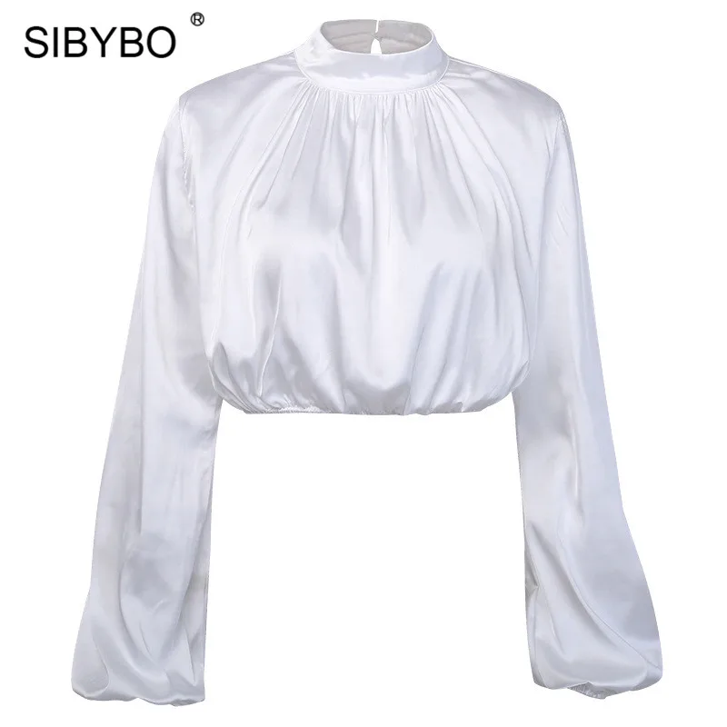 Женская атласная водолазка SIBYBO Весенняя облегающая футболка с рукавом фонариком