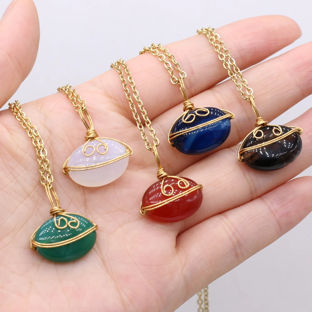 

Natural Stone Pendant Necklace Oval Shape Winding Wire Agates Stone Pendant for Women Men Jewelry Gift 21x22mm Length 40cm