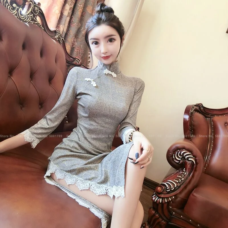 

Korean Elegant Retro Qipao Lace Princess Wedding Party Evening Midi Ress Women Chinese Style Slim Cheongsam Club Sexy Bodycon
