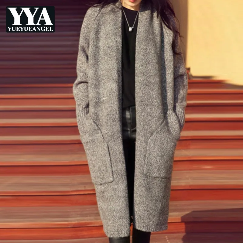 Женский вязаный свитер с карманами повседневный однотонный Свободный кардиган