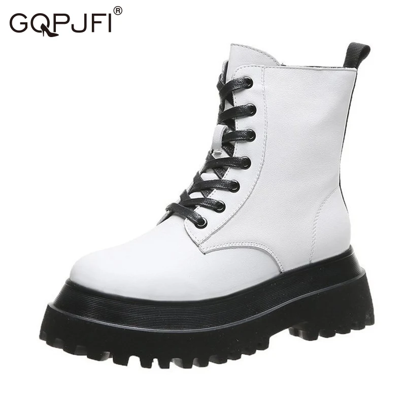 

Autumn Winter British Style White Black PU Woman Boots Ankle Rough Heel Thick Bottom Round Toe Lace-up Motorcycle Martin Boots