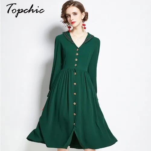 

Vintage Midi Green Chiffon Dresses For Women Spring Autumn Elegant Long Sleeve Pleated Chiffon Dress