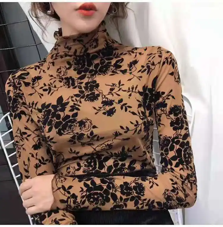 

2021 fashion Girls Transparent Flocking Mesh Blouses Shirts Tees Female Turtleneck Sexy Full Sleeve Blouses Tops For Women