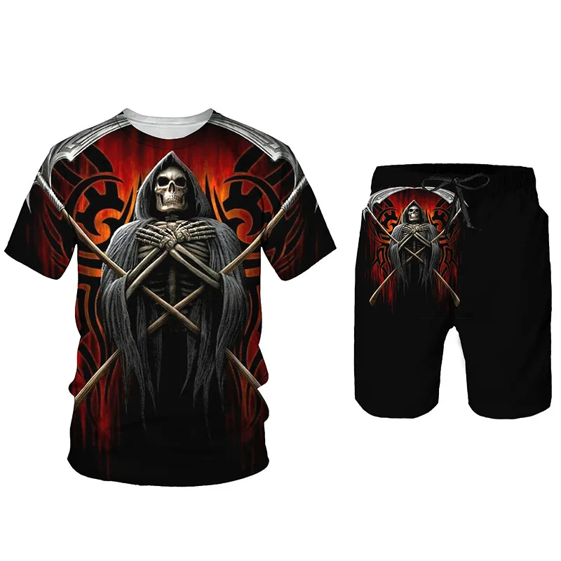

2021 Summer Skulls 3D Printed Men's T-shirt Shorts Set Men's Sportswear Tracksuit O Neck Casual Short Sleeve Men's Clothing Suit
