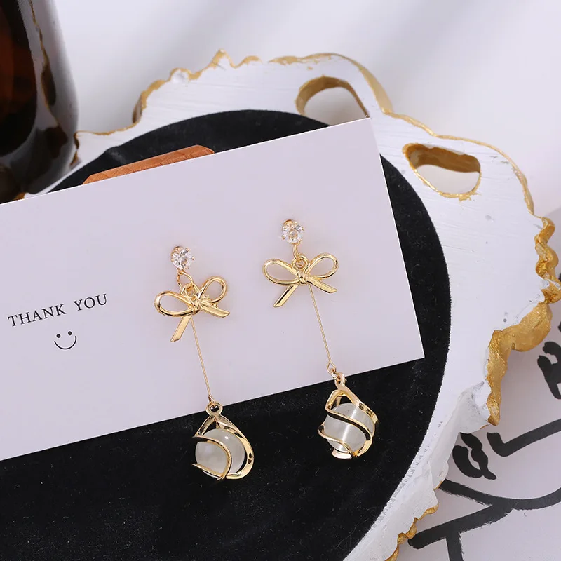 

Gold Color Rhinestone Bow Knot Opal Stone Long Drop Pendant Earrings Cosplay Costumes Earring Handmade Jewelry Brincos