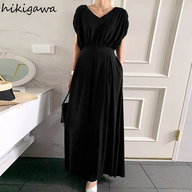 

Hikigawa Jumpsuit Korean Summer Elegant Slim V Neck Tunic Pleated Thin Overalls for Women Casual Knitted Wide Leg Jumpsuits