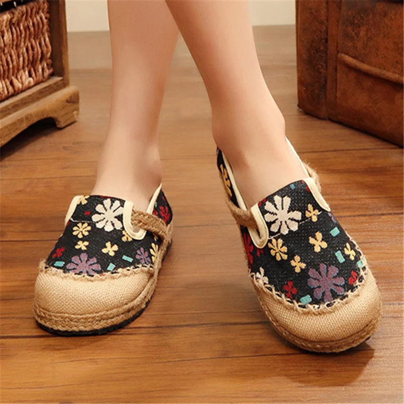 

Cotton Linen Women Canvas Shoes Loafers Floral Handmade Flats Shoes Women Woven Round Toe Flat Ladies Shoes XKD8029