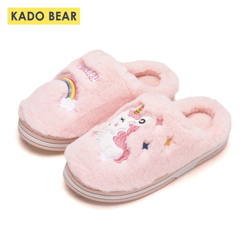 Зимняя домашняя обувь с рисунком единорога из плюша мехом для детей домашние