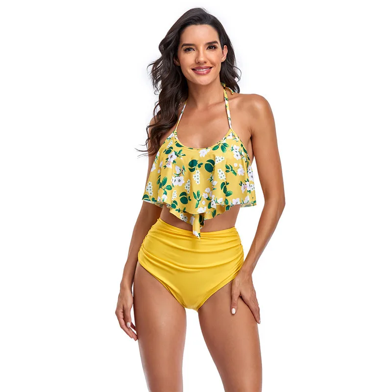 

2021 Ruffled Halter Bikini Swimsuit Women Floral Swimwear Suit