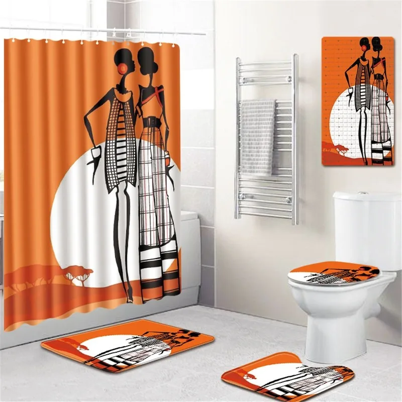 

African Women's Bathroom Mat Bathroom Curtain PVC Non-Slip Hollow Suction Cup Floor Mat Five-Piece Bath Toilet Cover Mat