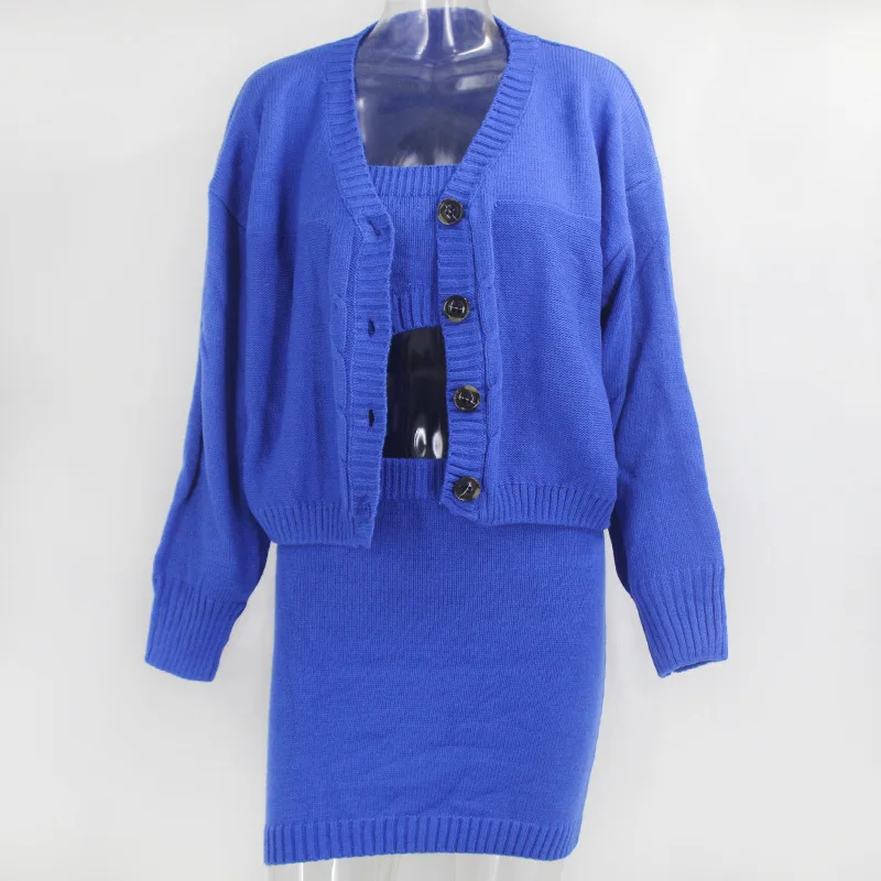 

2020 Autuam Winter Solid Knit Three-Piece 3pcs Spaghetti Straps Tops Full Sleeve Button Up Cardigan Bodycon Mini Dress