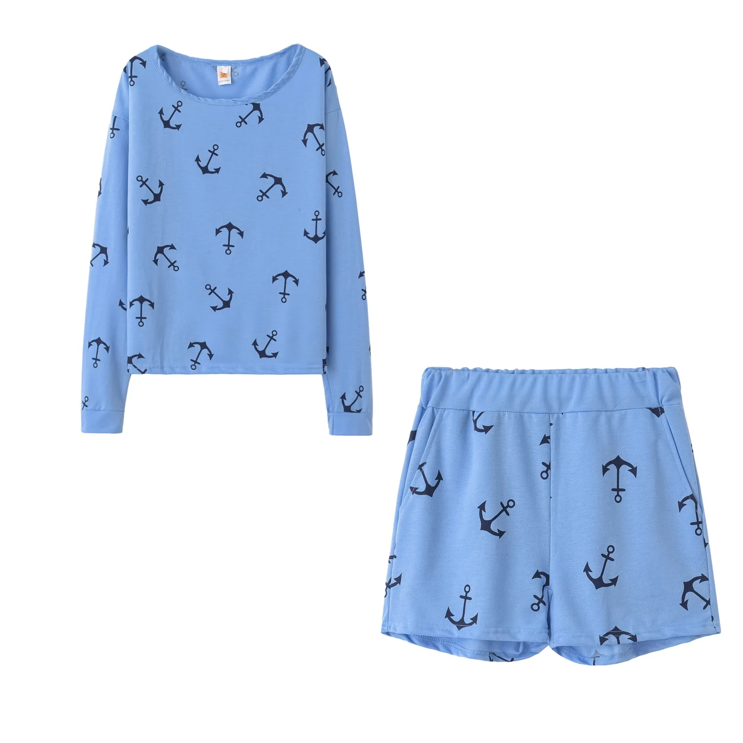 

Donsignet Women's Suit New Fashion Summer Temperament Round Neck Pullover Anchor Long Sleeve Printing Slim Sports Two-piece Suit