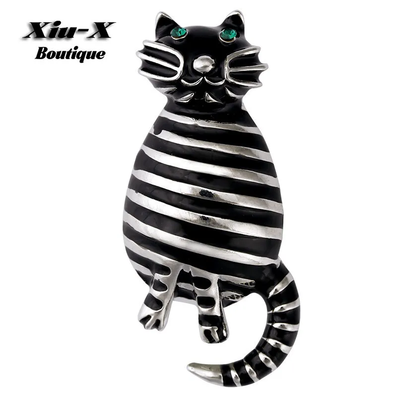 

Lovely Enamel Black & White Striped Fat Cat Brooches For Women Rhinestone Crystal Animal Kitty Brooch Pins Female Jewelry Gifts