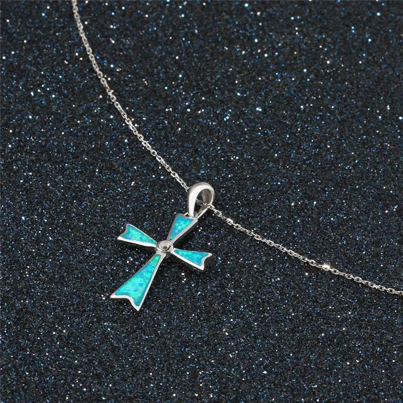 

FDLK Trending Female Blue Opal Cross Necklaces White Wedding Necklaces Pendants For Women Fashion Jewelry