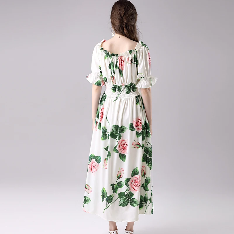 

Merchall Summer Runway Off Shoulder Floral Holiday Dress Women Elastic Waist Rose Floral-Print Vacation Maxi Long Dresses