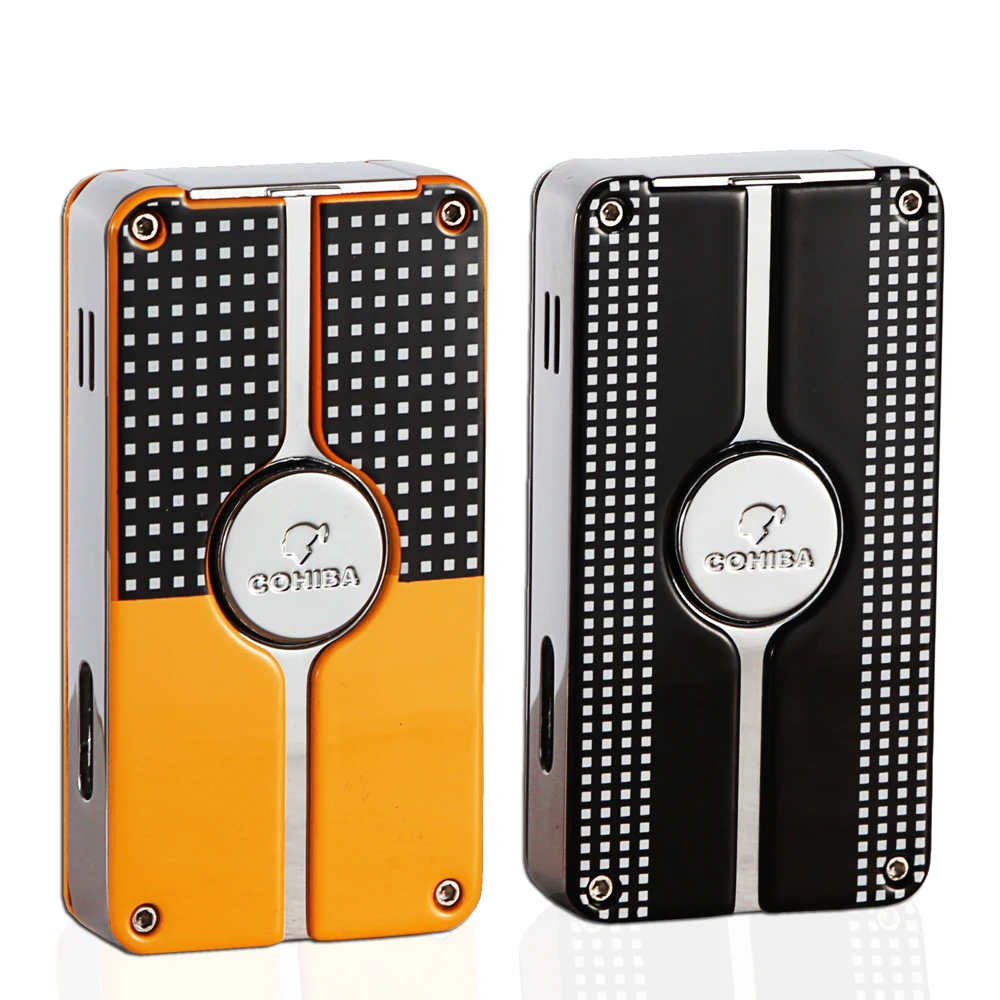 COHIBA металлическая зажигалка для сигар, ветрозащитная, 3 синих струйных пламени, сигаретный фонарь, зажигалки, Бутановая Зажигалка, многоразовая