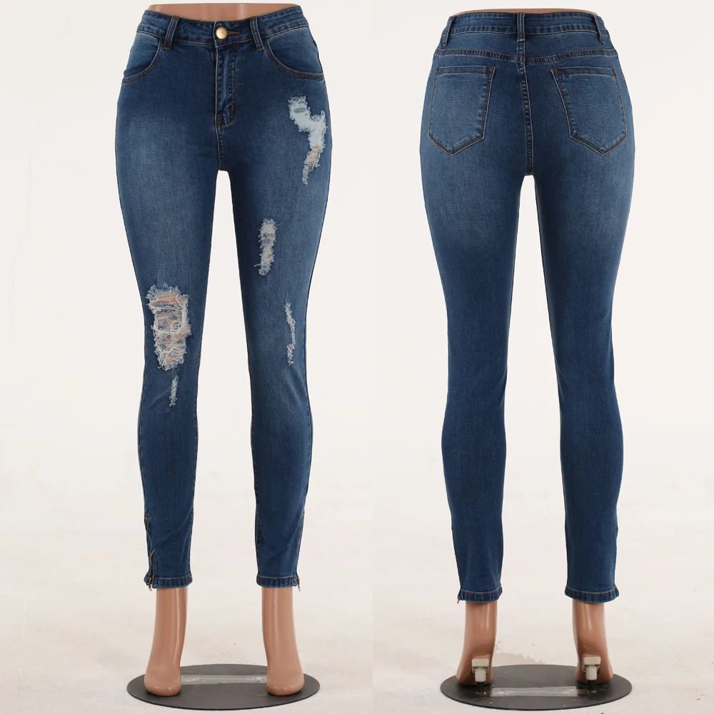 Женские джинсы с высокой талией Темно-Синие рваные повседневные Стрейчевые