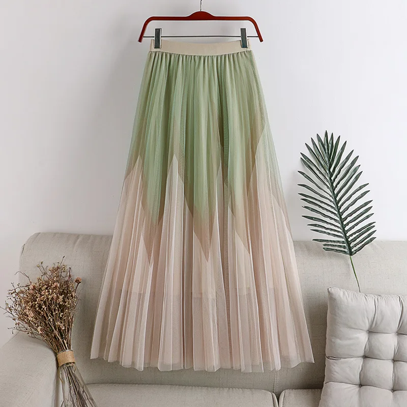 

2022 Autumn Winter New Elastic High Waist Thin Mesh Pleated Skirt Casual Simple Elegant Women A-line Long Skirt Free Shipping