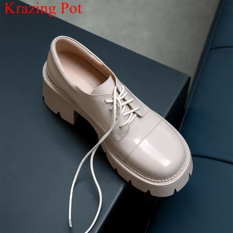 

Krazing Pot 2022 new genuine leather med heels thick bottom casual spring shoes elegant round toe preppy style women pumps L3f5