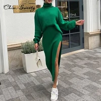 turtleneck knitted sweater skirt two pieces set women autumn winter 2021 long sleeve pullover sexy side split midi skirts suit