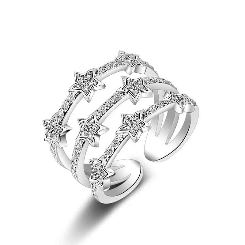 

Korean New Style Design Three Layers Silver Plated Star Ring 2021 Fashion Women CZ White Crystal Ring Charm Women Party Jewelry