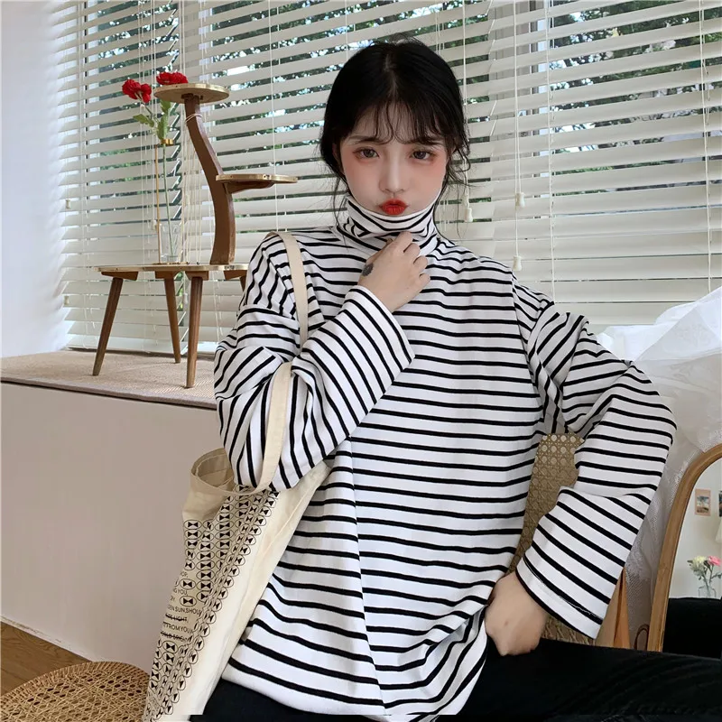 

Cotton Long Sleeve T-shirt Female Autumn Winter Korean High Collar Base Shirt Loose and Idle BF Style Striped