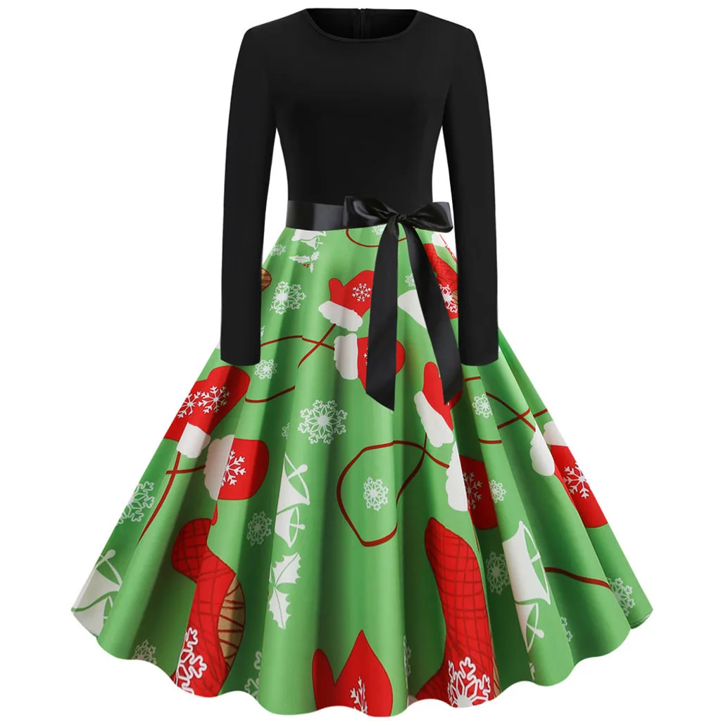 Winter Christmas dress women Vintage Green Long Sleeve 1950s Housewife A-Line Elegant Evening Party Dress vestido F924 | Женская одежда