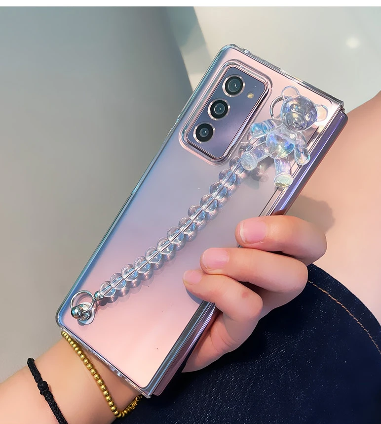 

Luxury Fashion DIY Laser Bear Crystal Hand Chain Bracelet Case Cover For Samsung Galaxy Z FOLD 3 2 5G Transparent Back Case