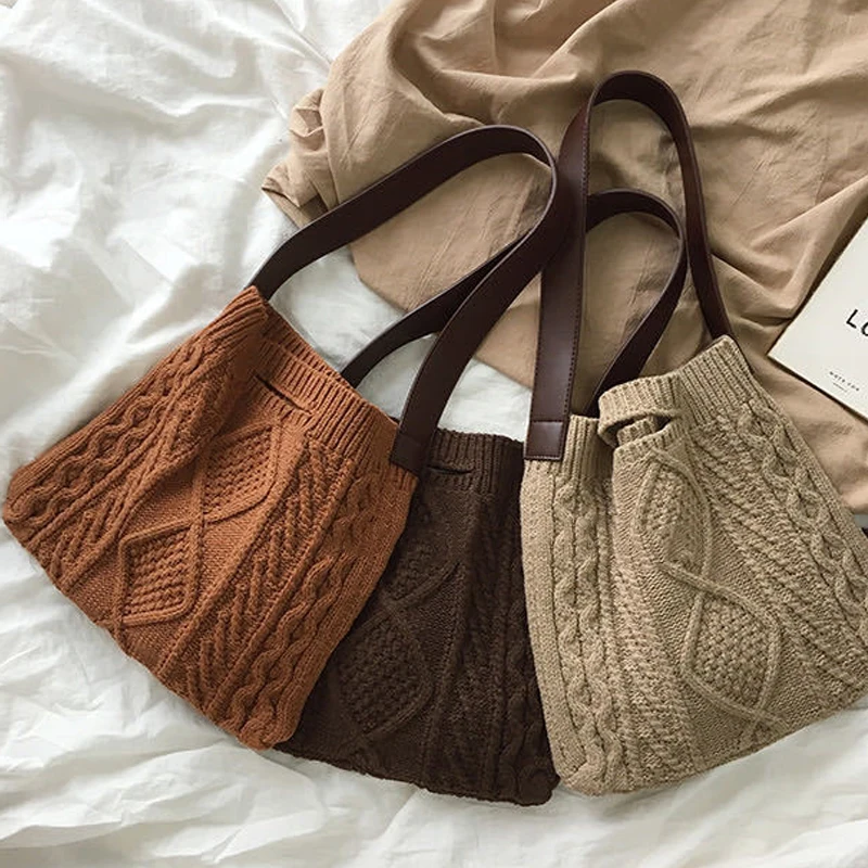 

Autumn and Winter Wool Women Shoulder Bags Large Capacity Shopping Women Handbag Knitting Soild Color Crossbody Bags for Girl