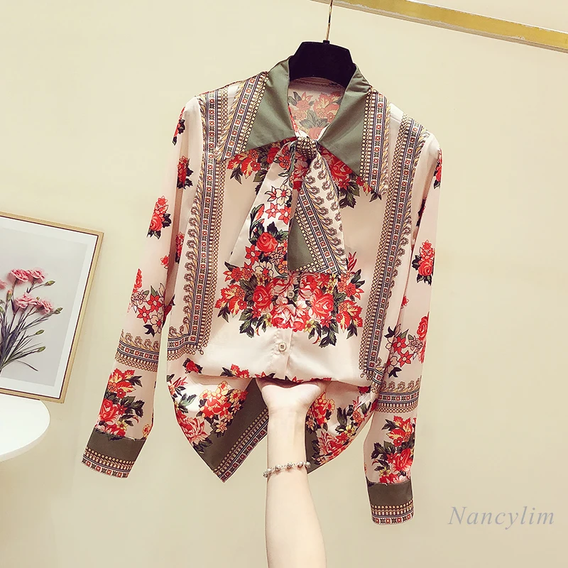 Vintage Printed Shirt Women's 2021 Spring and Autumn New Ribbon Collar Long Sleeve Top Office Lady's Blouses Blusas