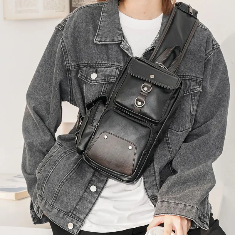 

YoReAi Men's Fashion Crossbody Bag Theftproof Rotatable Button Open Leather Chest Packs Men Shoulder Bags Chest Waist Pack