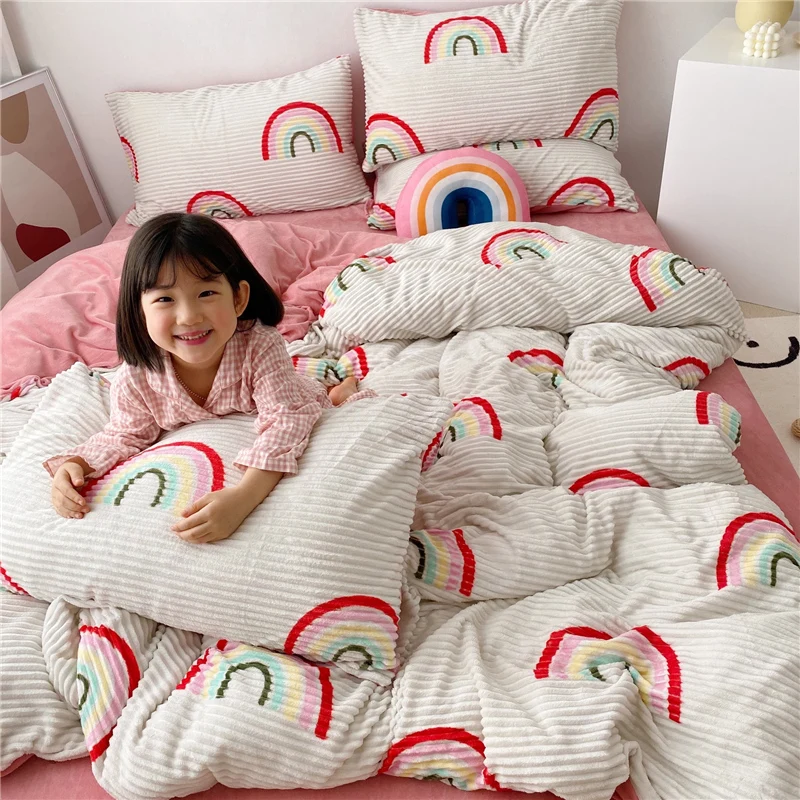 

Coral Fleece Flannel Winter Thick Warm Bedding Set Floral Print Cartoon Style Four Pieces A21