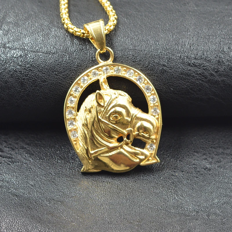 Новое Золотистое украшение Стразы Подвеска В Форме лошадиной головы ожерелье из