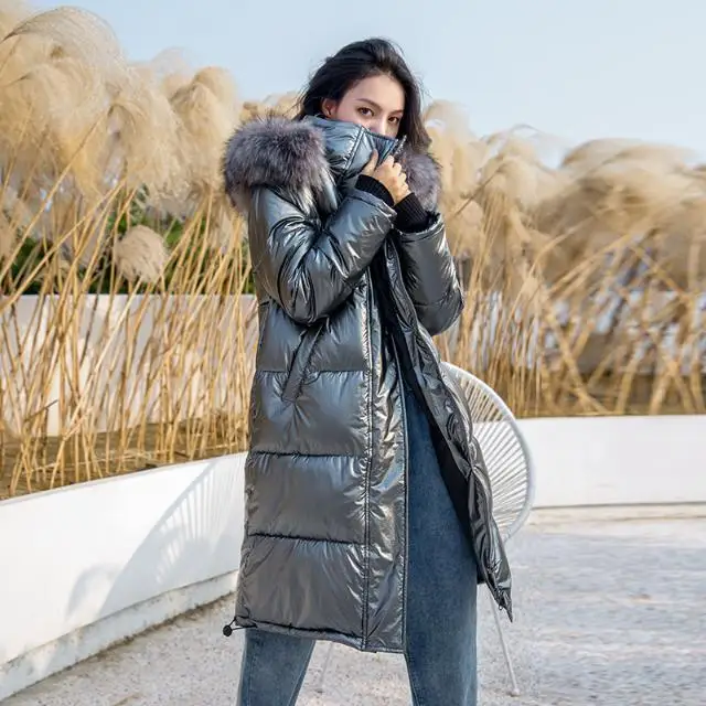 2019 Fashion Women Winter Down Jacket Chic Big Fur Warm Ultra Light Long Coat Female Parka Hooded Woman Glossy Jackets Oversized