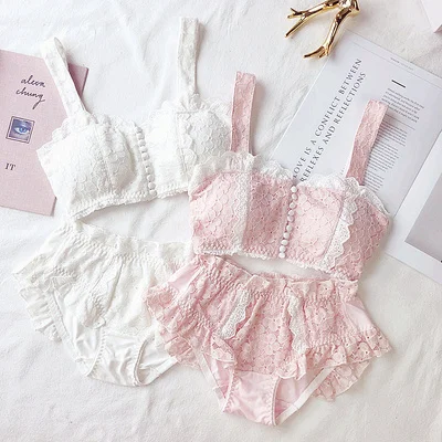 

HONVIEY Japanese front button lingerie set cotton retro lotus girl tube top full thin cup summer wirefree gathered White bra set