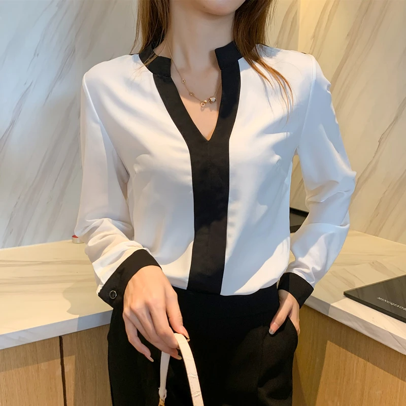 

Женские Feminina Женская винтажная блузка модная одежда 2020 весенне-осенняя футболка с длинными рукавами футболки с v-образным вырезом Женский ...